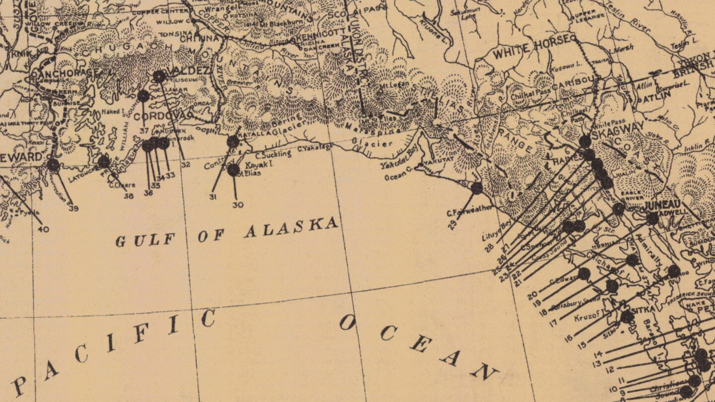 Portion of a historic map showing the Gulf of Alaska and shipwrecks identified near the coast.