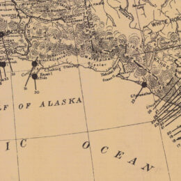 Portion of a historic map showing the Gulf of Alaska and shipwrecks identified near the coast.