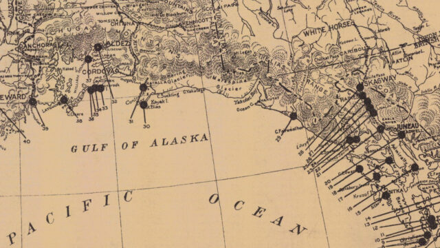 Portion of a historic map showing the Gulf of Alaska and shipwrecks identified near the coast.