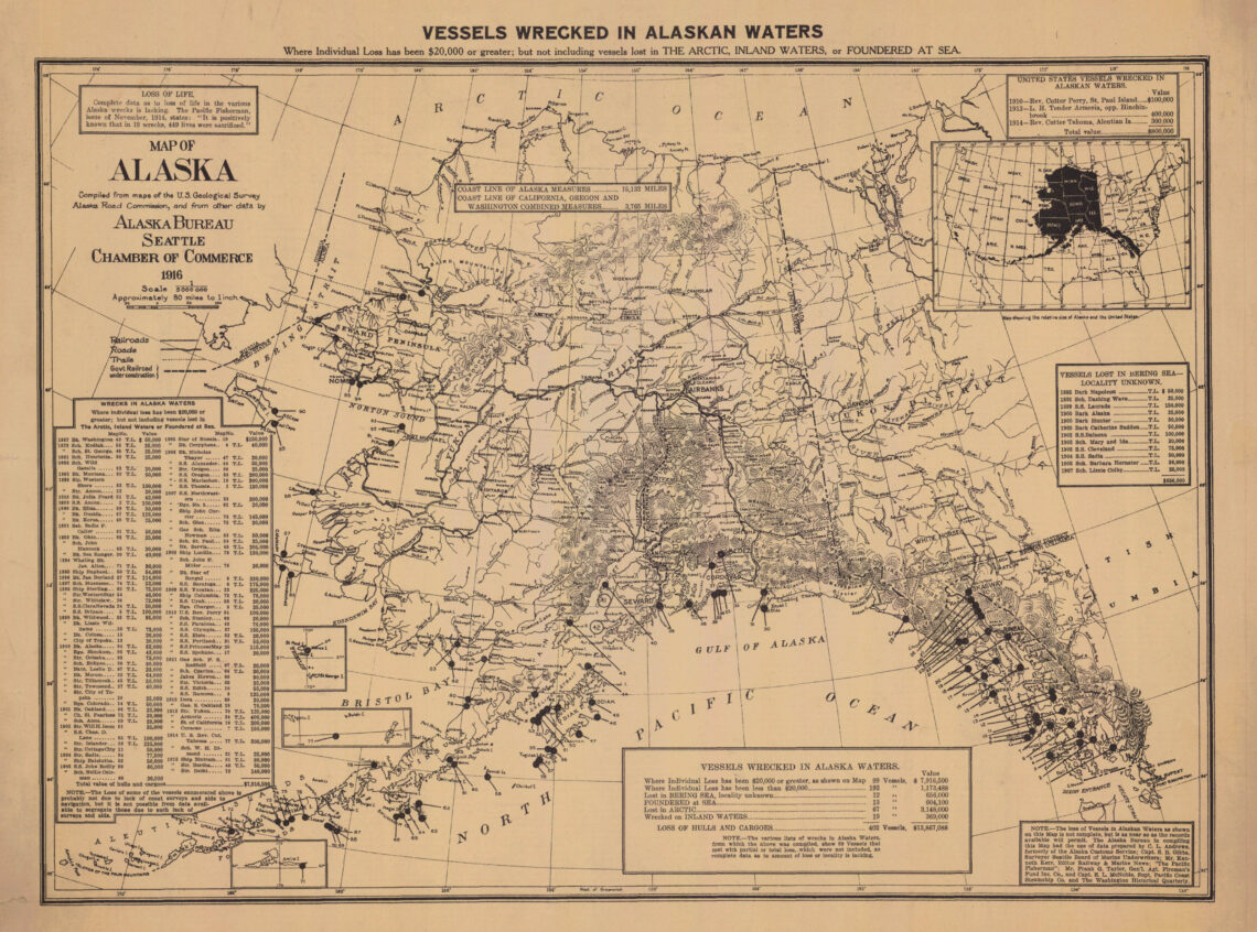 Historic map of Alaska that shows ninety nine individual shipwrecks at sea, with information about the monetary value lost with each ship.
