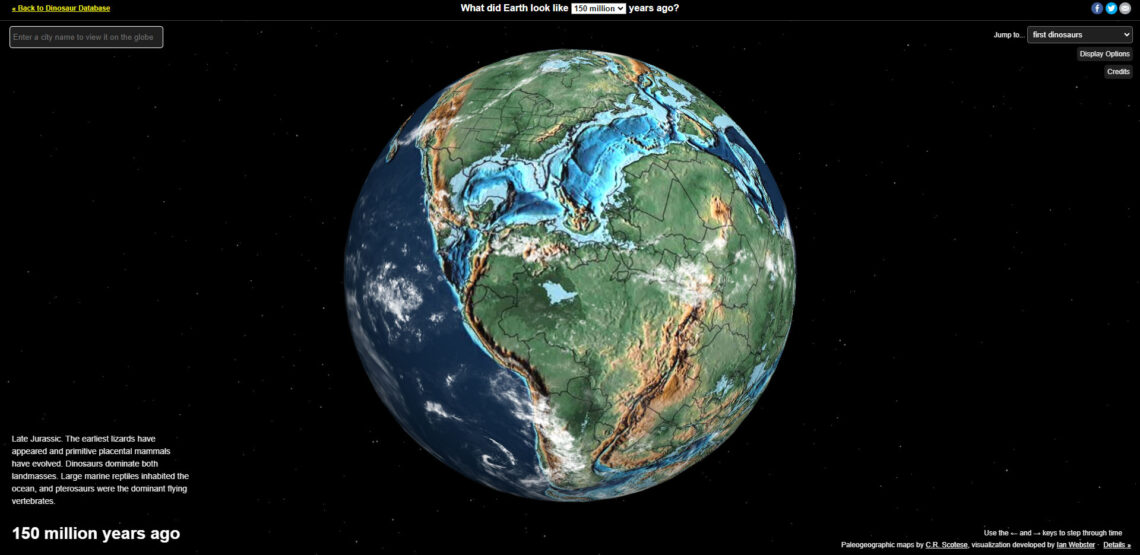 The interface of Ancient Earth, showing our planet as it may have appeared 150 million years ago.