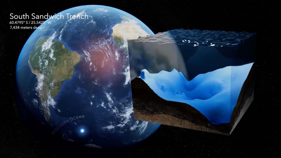 Map of Southern Ocean near South America highlighting location of South Sandwich Trench with a 3D diorama of the seafloor there.