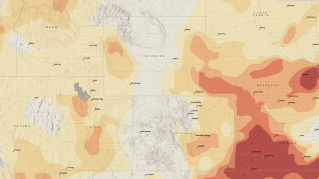 Map of the United States showing areas experiencing drought based on data from NOAA’ss NIDIS US Drought Monitor