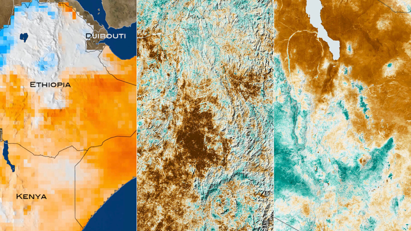 A collage of maps showing soil moisture and Normalized Difference Vegetation Index (NDVI) data for Ethiopia, Somalia, Kenya, and Madagascar