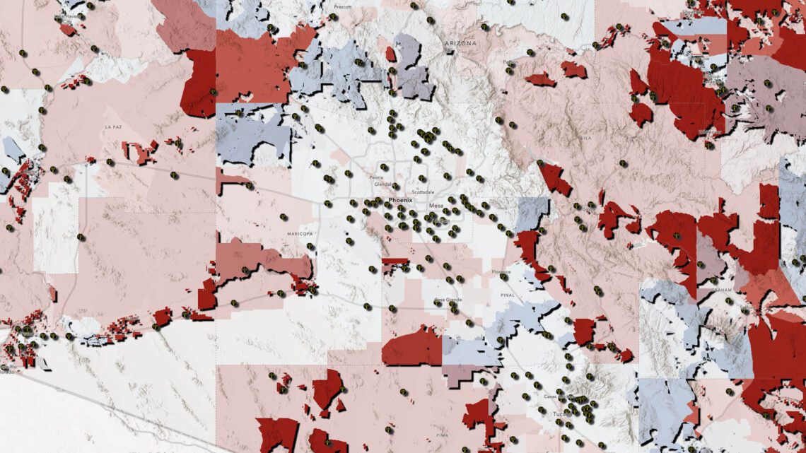Map of block groups and Census tracts in Arizona showing percentage of households with no internet access from ACS and underserved broadband blocks according to the FCC