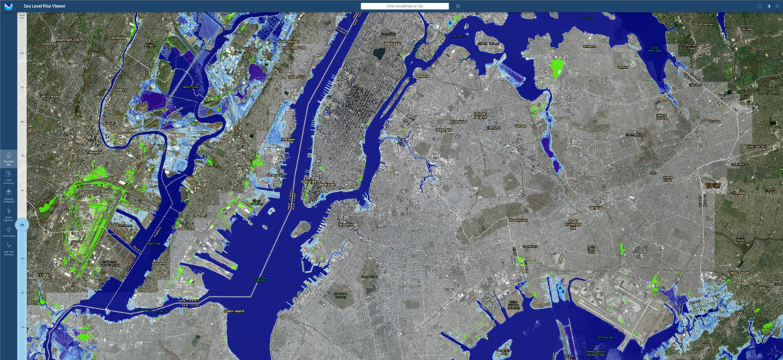 Map of New York City and surrounding cities showing areas inundated by five feet of sea level rise from NOAA’s Sea Level Rise Viewer