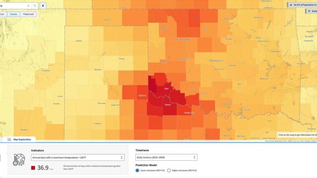 Map of central United States showing annual number of days with a maximum temperature above 105 degrees from CMRA Assessment Tool