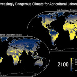 Two maps showing projected increases in dangerous heat days by 2100 under two different climate scenarios.