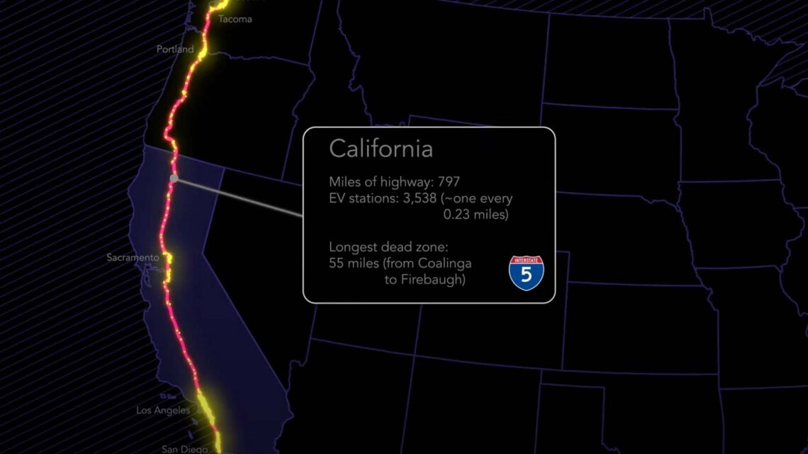 Map of western United States showing electric vehicle charging locations within 5-miles of I-5 in California and Oregon