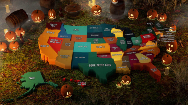 Map of the United States showing the favorite Halloween candy in each state in 2023.
