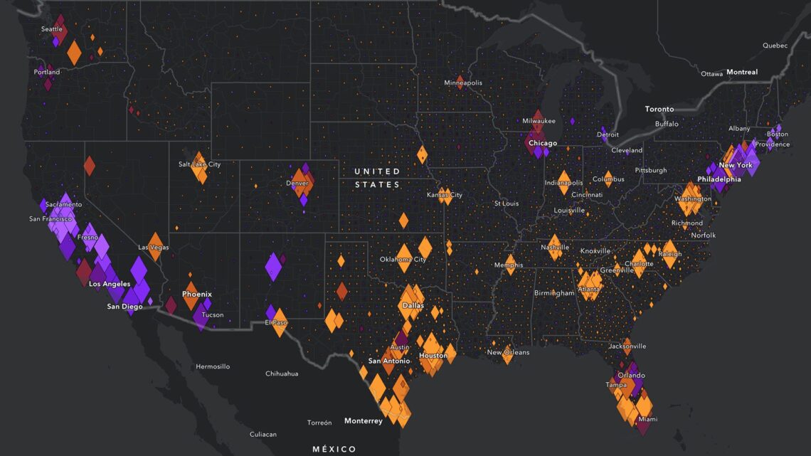 Map of United States showing percentage of Hispanic or Latino population with no health insurance by county.