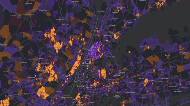 Map of New York City and surrounding areas showing percentage of Hispanic or Latino population with no health insurance by Census tract.