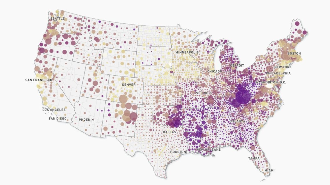Map of United States showing number of health providers per 100,000 people and counties experiencing frequent mental distress.