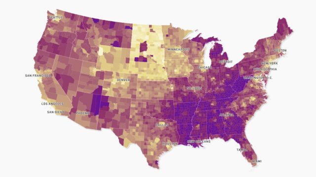 Map of United States showing average number of poor mental health days per month in 2019 by county.