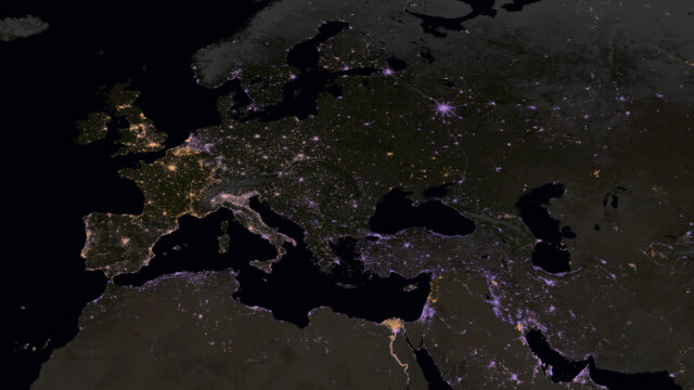 Map of Europe showing change in night lights from 2012 to 2023.