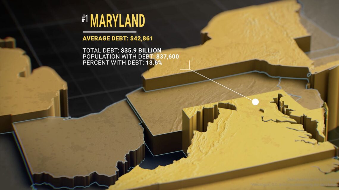 Map of eastern United States focused on Maryland showing average student loan debt by state