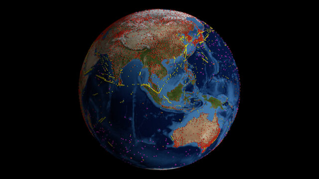 3D map of Earth showing global network of temperature sensors and stations
