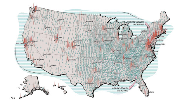 Map of the US showing average household spending on travel by county.