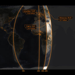 Population density map of Earth by longitude