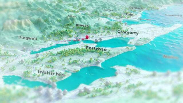 Bus trips rendered as balls in a 3D landscape.