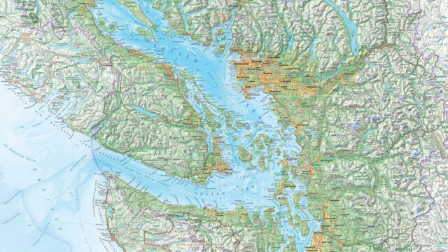 A close-up of Clark Geomatics' map of the Salish Sea.