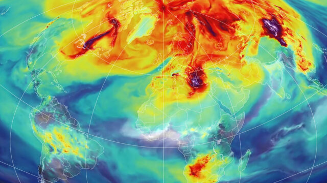 Carbon dioxide in the atmosphere, concentrating over the northern hemisphere and areas of human population.