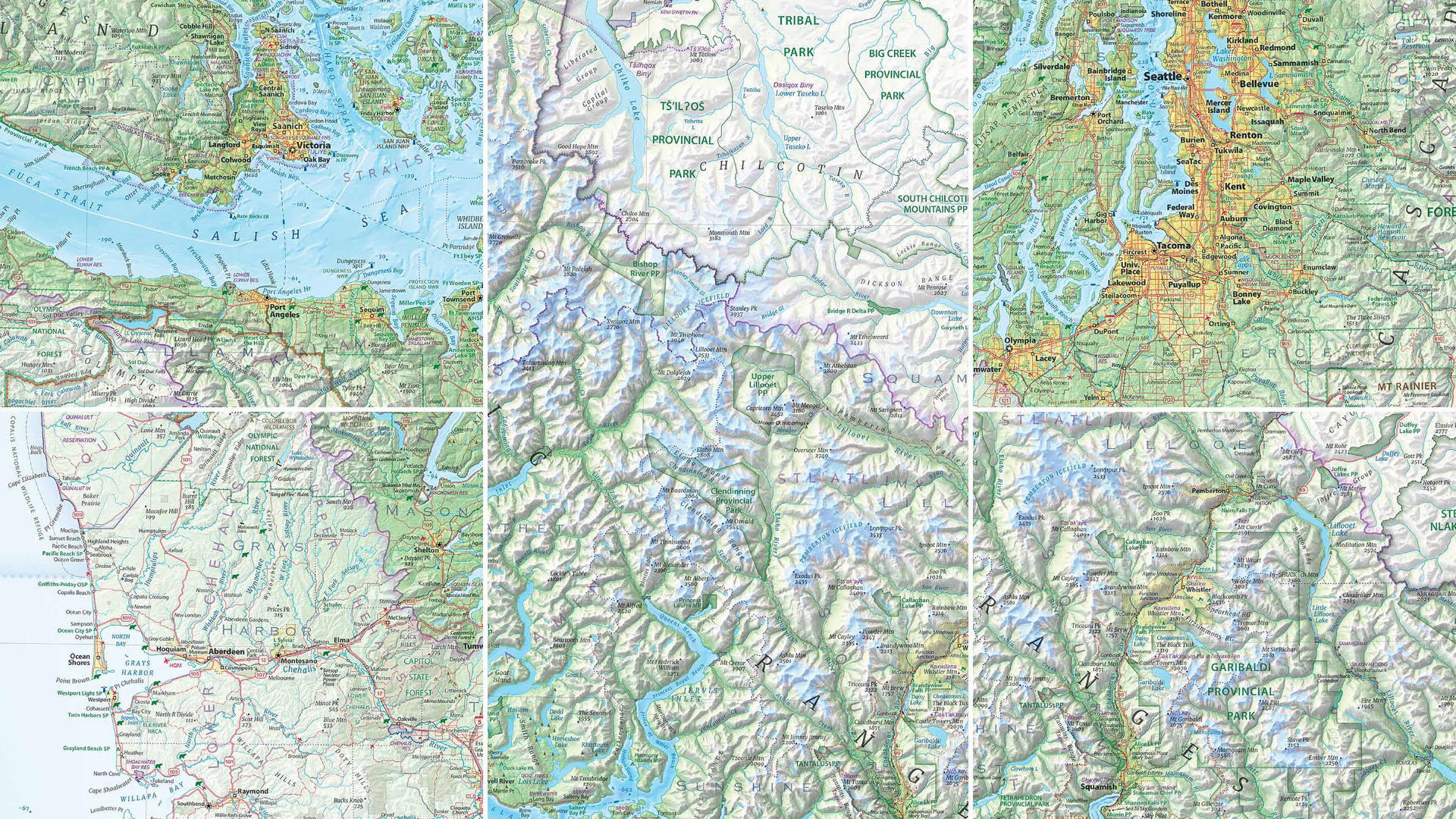 A collection of detailed views from the map titled The Essential Geography of the Salish Sea.