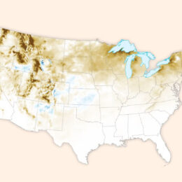 A map showing below-average snowfall over much of the United States in early 2024.