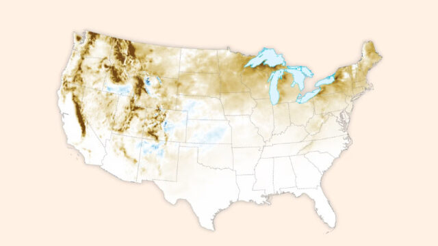 A map showing below-average snowfall over much of the United States in early 2024.
