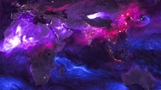 A portion of a map showing patterns in atmospheric aerosols.