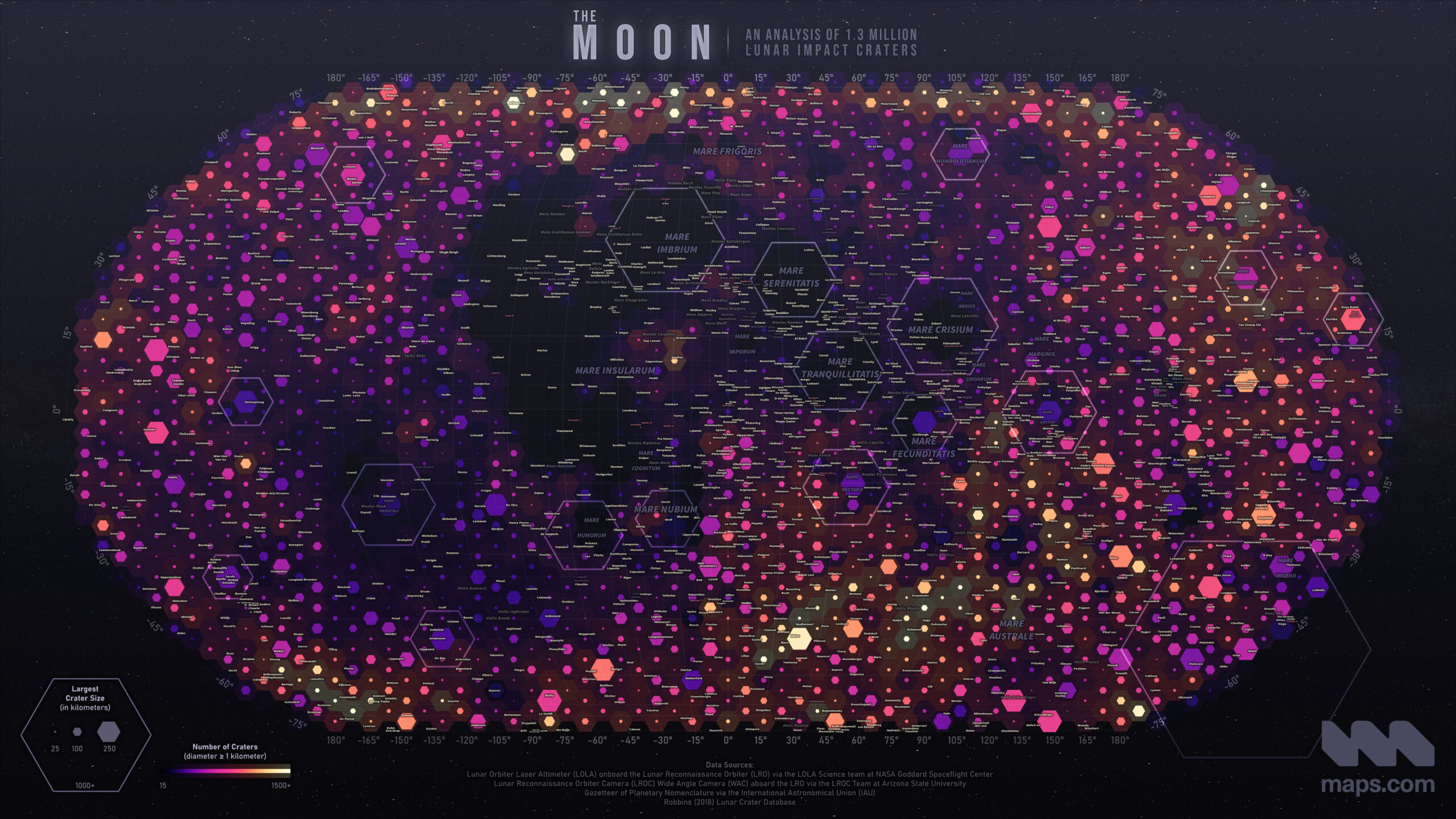 A map visualizing the properties of lunar craters, including their size and quantity,