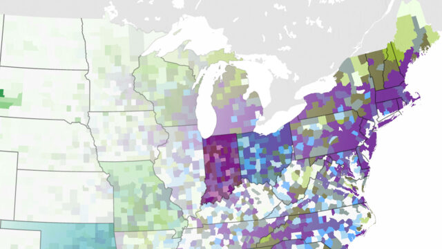 Composite map showing an abstract representation of campground data by county and state.
