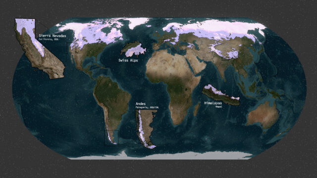 Map showing average monthly snowpack across Earth in 2023.