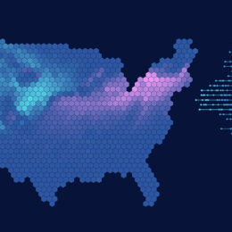 Hexbin map of the US showing differences in snow covered areas against historical norms in February 2023.
