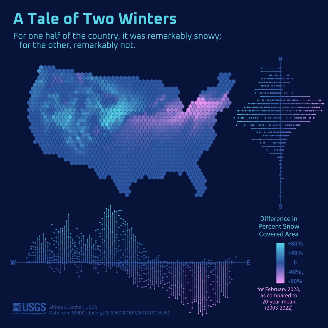 Map of US showing deviations in historic snow patterns from the USGS.
