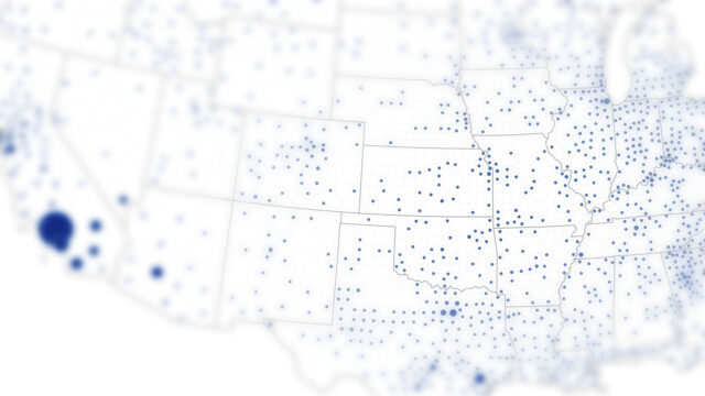 An abstraction of a map showing water bottling facilities in the United States.