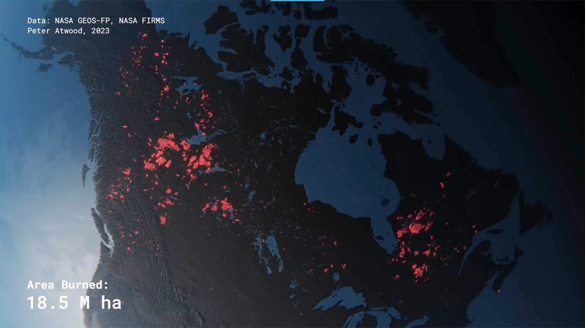 Map of Canada showing total areas burned during historic wildfire season in 2023.