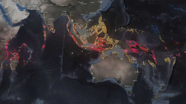 Article coral bleaching Map of Australia and southern Asia showing coral reefs at risk of bleaching.