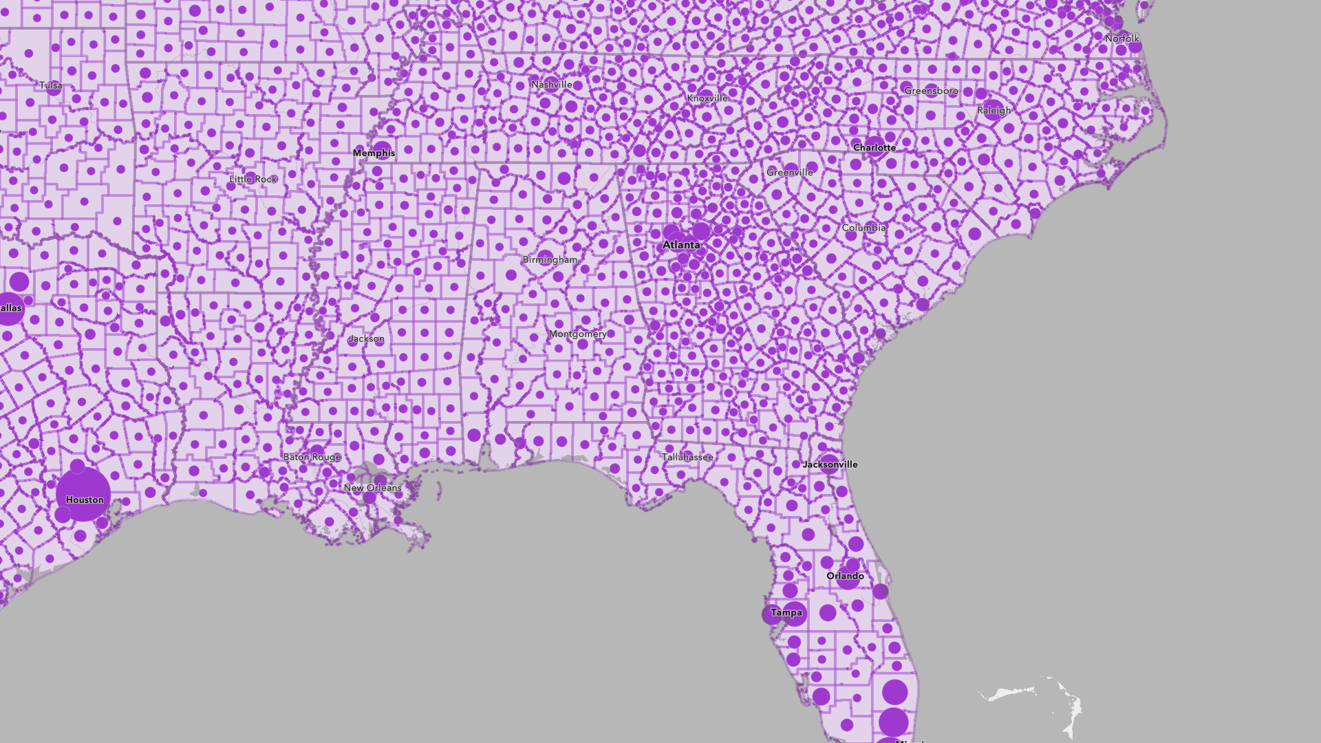 Map of Southeastern US showing raw totals of citizen voting age population by county.
