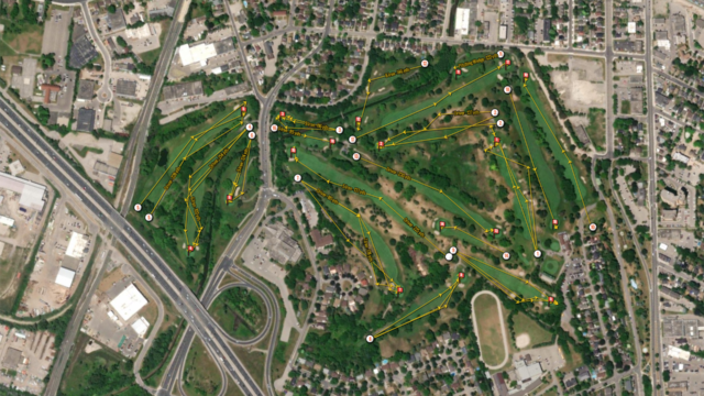 Map of golf course with shots plotted on it.