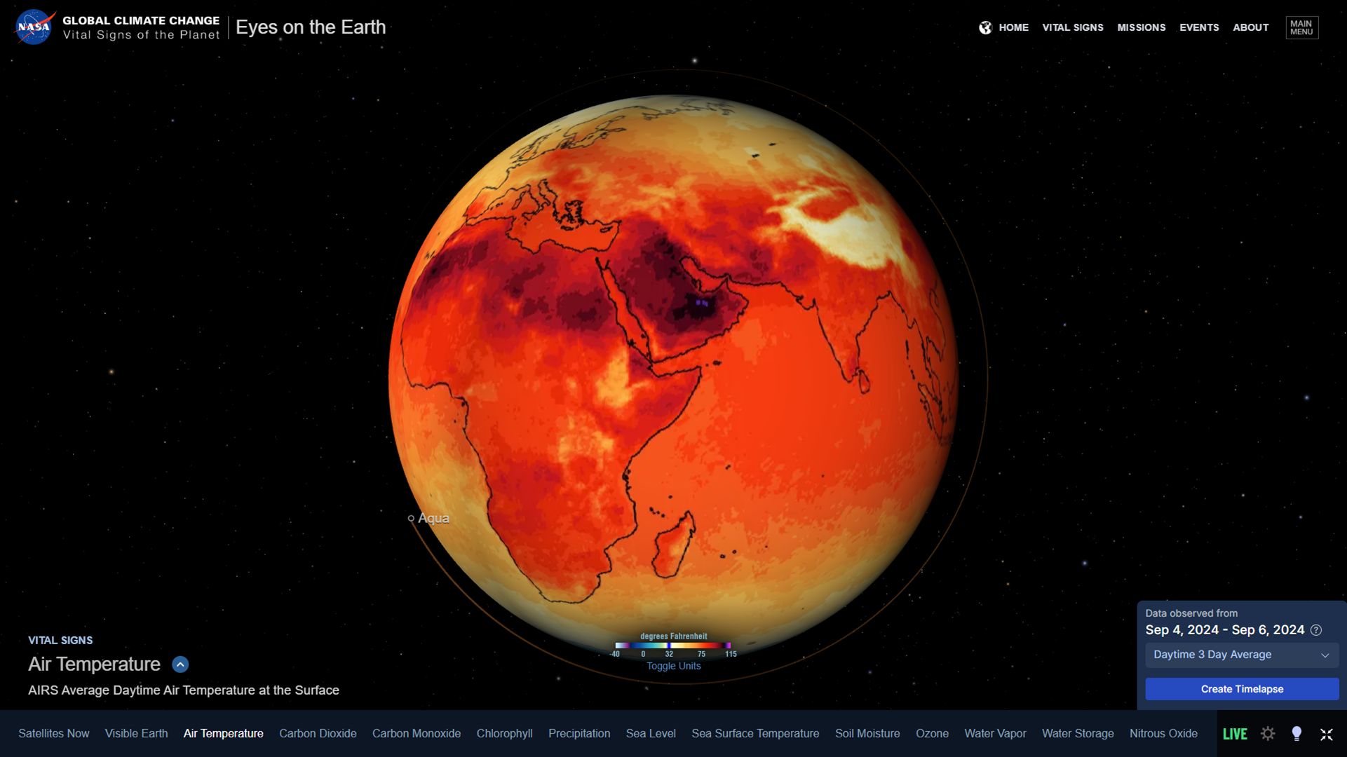Map of Earth showing rolling 3-day average of surface temperature.