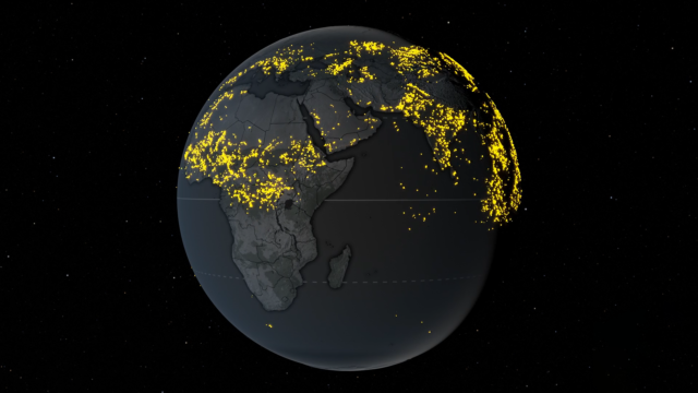 Map of Earth showing lightning strikes detected by the International Space Station