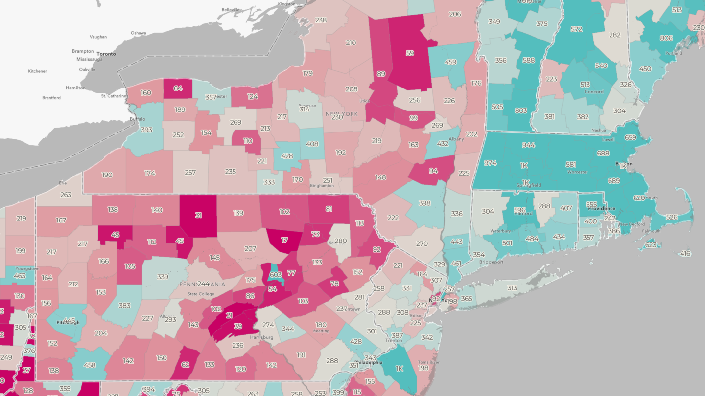 Map of northeastern US showing rate of mental health providers per 100,000 people by county.