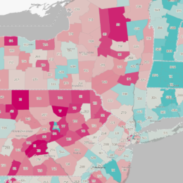 Map of northeastern US showing rate of mental health providers per 100,000 people by county.