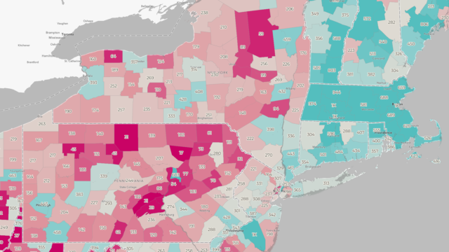 Map of northeastern US showing rate of mental health providers per 100,000 people by county.