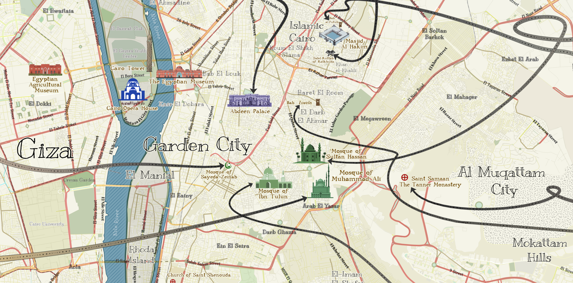 Excerpt of Old Cairo map for Egypt showing historical POIs