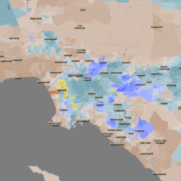 Map of Los Angeles metropolitan area showing predominant race and ethnicity by census tract.
