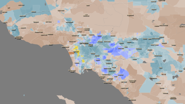 Map of Los Angeles metropolitan area showing predominant race and ethnicity by census tract.