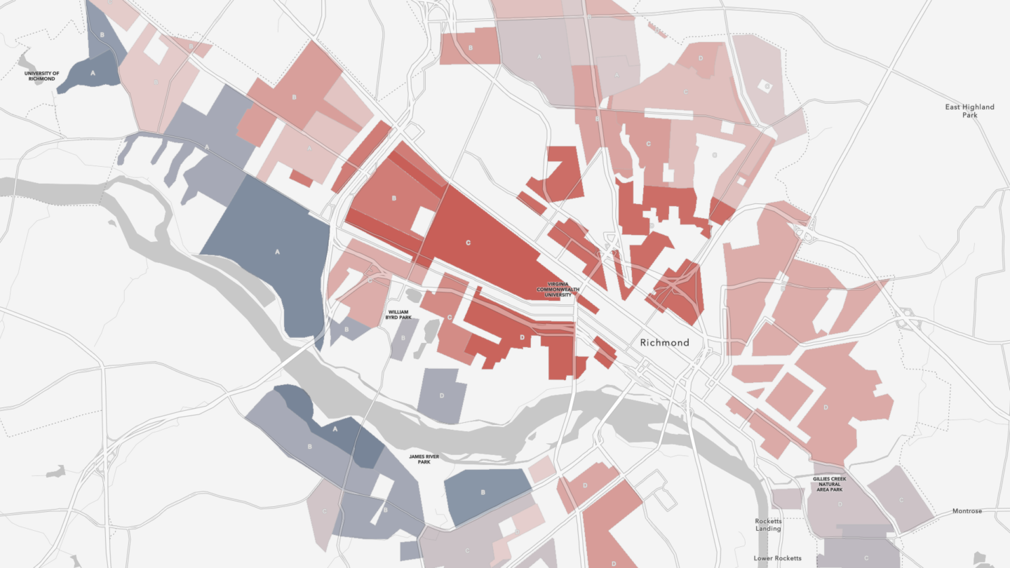 Map showing heat exposure and redlining in Richmond, VA.