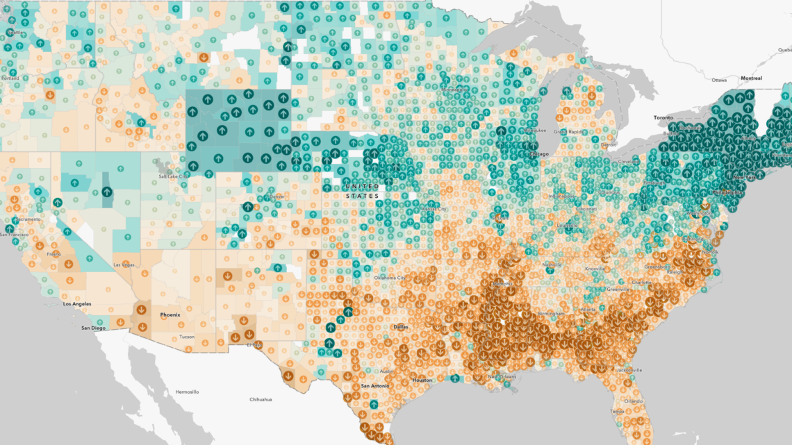Map of US showing school funding adequacy gap/surplus by county.